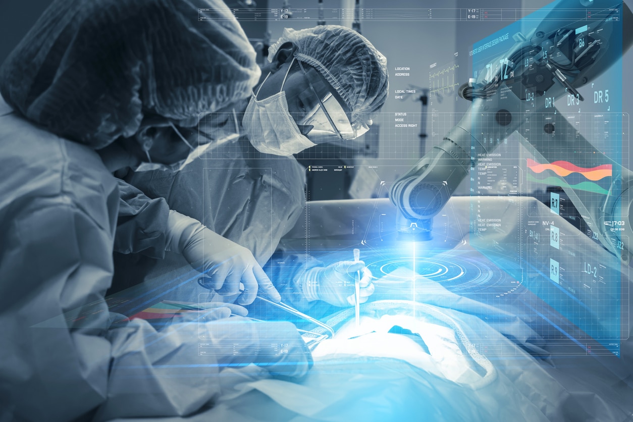 A surgeon at UAB Medical West performing robotic surgery on a patient with a futuristic overlay.